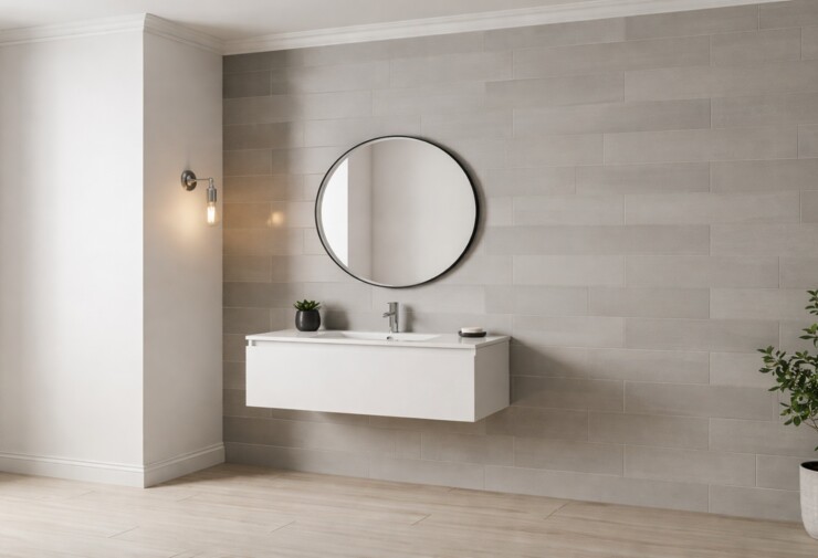 Meuble de salle de bains suspendu blanc avec vasque intégrée, miroir rond noir et carrelage mural gris clair effet pierre dans une salle de bains moderne et minimaliste.