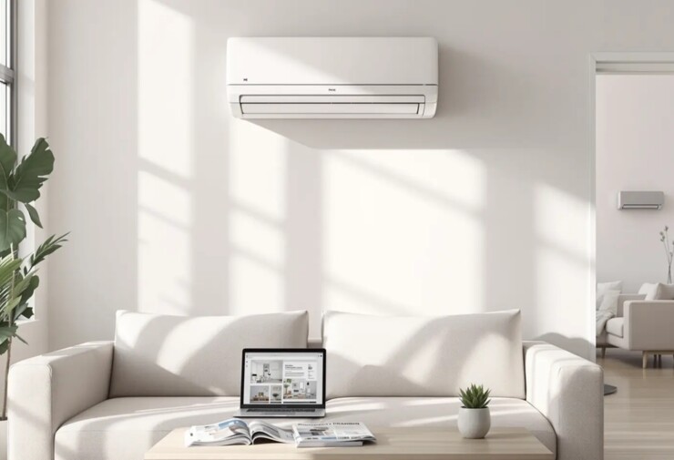 Salon lumineux avec climatisation murale blanche installée au-dessus d’un canapé, intérieur moderne avec grande fenêtre et plante verte.