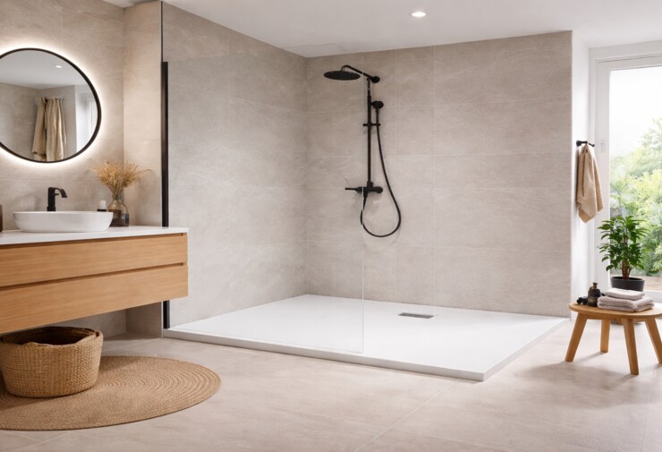Receveur de douche extra-plat blanc installé dans une salle de bains moderne, avec paroi vitrée, carrelage beige effet pierre, meuble vasque en bois clair et robinetterie noire mate, ambiance lumineuse naturelle.